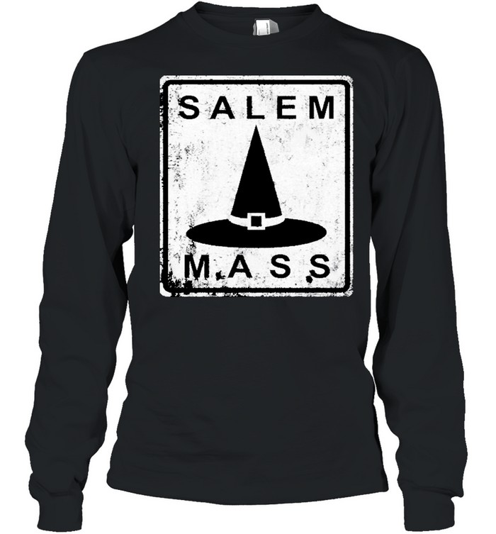 Distressed Salem Mass Black Witch Hat Massachusetts Sign Long Sleeved T-shirt