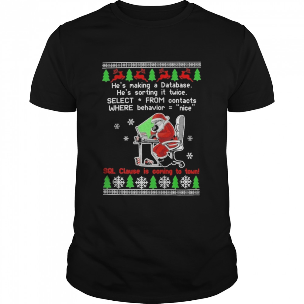 Santa Claus he’s making database he’s sorting it twice select from contacts where behavior nice Ugly Christmas shirt